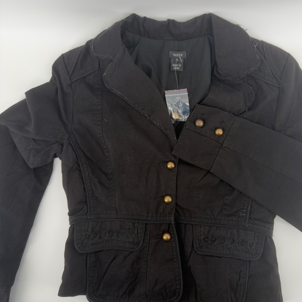 aziz Black Cropped Military Style Jacket Blazer Women's Small Button embroidered
